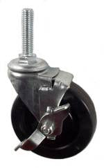 3" x 1" Soft Rubber Wheel Swivel Caster with 3/8" Threaded Stem & Brake - 100 Lbs Capacity