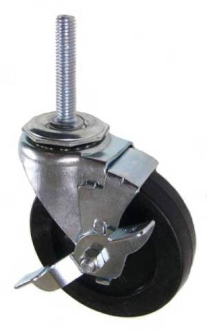 4" x 1" Soft Rubber Wheel Swivel Caster with 7/16" Threaded Stem & Brake - 145 Lbs Capacity