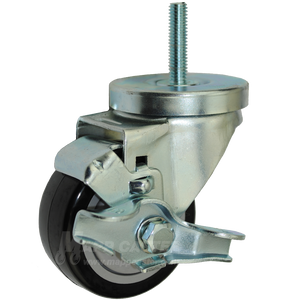 3" x 1-1/4" Polyurethane Wheel Swivel Caster with 3/8" Threaded Stem & Brake - 300 Lbs Capacity