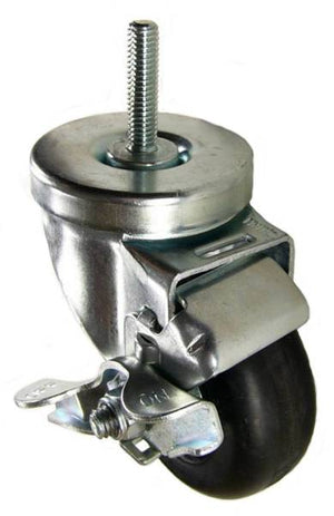 3" x 1-1/4" Neoprene Rubber Wheel  Swivel Caster with 3/8" Threaded Stem & Brake - 200 Lbs Capacity