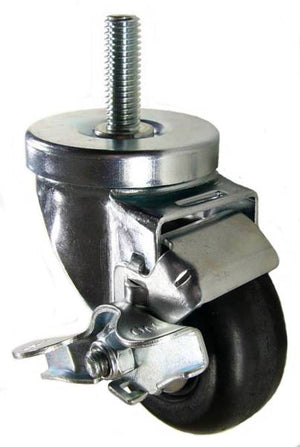 3" x 1-1/4" Neoprene Rubber Wheel  Swivel Caster with 1/2" Threaded Stem & Brake - 200 Lbs Capacity
