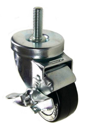 3" x 1-1/4" Soft Rubber Wheel (Ball Bearings) Swivel Caster with 1/2" Threaded Stem & Brake- 175 Lbs Capacity