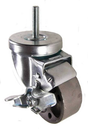 3" x 1-1/4" Semi-Steel Wheel Swivel Caster with 3/8" Threaded Stem & Brake - 350 Lbs Capacity