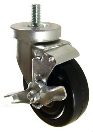 4" x 1-1/4" Soft Rubber Wheel Swivel Caster with 1/2" Threaded Stem & Brake - 350 Lbs Capacity