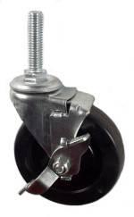 3" x 1" Soft Rubber Wheel Swivel Caster with 3/8" Threaded Stem & Brake - 100 Lbs Capacity