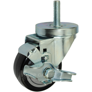 3" x 1-1/4" Polyurethane Wheel Swivel Caster with 1/2" Threaded Stem & Brake - 300 Lbs Capacity