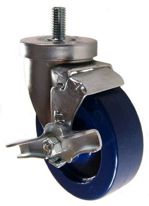 4" x 1-1/4" Solid Polyurethane Wheel Swivel Caster with 1/2" Threaded Stem & Brake (1" Stem Length) - 350 Lbs Capacity