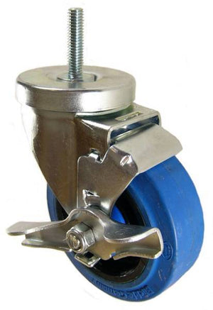 4" x 1-1/4" Elastic Rubber Wheel Swivel Caster with 3/8" Threaded Stem and brake - 250 Lbs Capacity