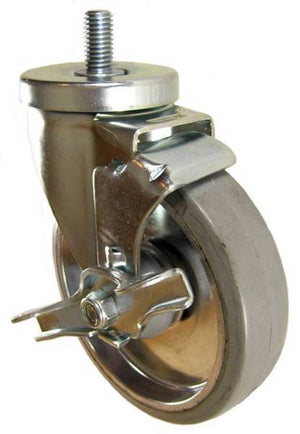 5" x 1-1/4" Rubber on Aluminum Wheel Swivel Caster with 1/2" Threaded Stem & Brake (1" Stem Length) - 275 Lbs Capacity