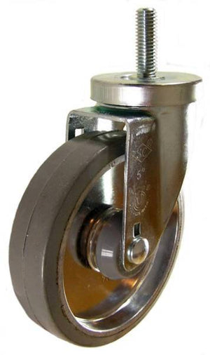 5" x 1-1/4" Rubber on Aluminum Wheel Swivel Caster with 1/2" Threaded Stem (1-1/2" Stem Length)- 300 Lbs Capacity