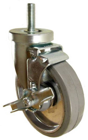 5" x 1-1/4" Rubber on Aluminum Wheel Swivel Caster with 1/2" Threaded Stem & Brake (1-1/2" Inch Stem) - 275 Lbs Capacity