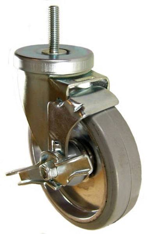 5" x 1-1/4" Rubber on Aluminum Wheel Swivel Caster with 3/8" Threaded Stem & Brake - 275 Lbs Capacity