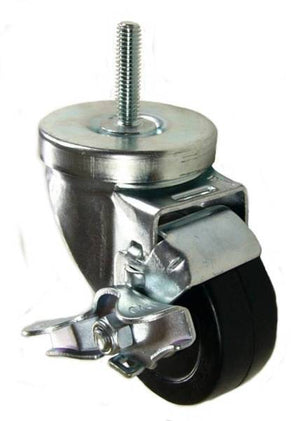 3" x 1-1/4" Soft Rubber Wheel (Ball Bearings) Swivel Caster with 3/8" Threaded Stem & Brake - 200 Lbs Capacity