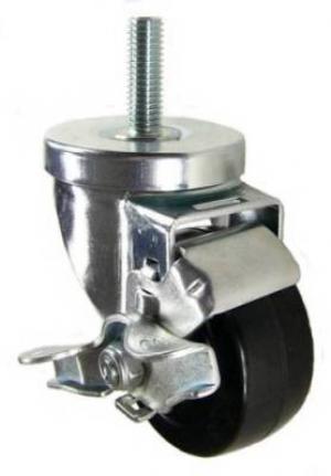 3" x 1-1/4" Soft Rubber Wheel Swivel Caster with 1/2" Threaded Stem & Brake- 200 Lbs Capacity