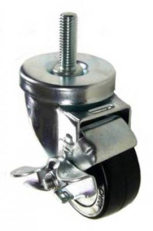 3" x 1-1/4" Hard Rubber Wheel (Ball Bearings) Swivel Caster with 1/2" Threaded Stem & Brake - 300 Lbs Capacity