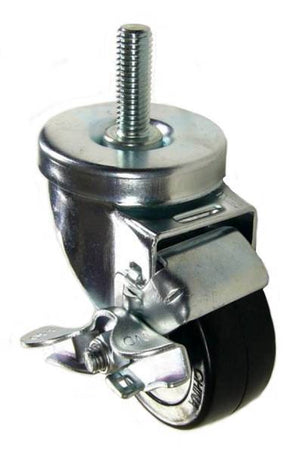 3" x 1-1/4" Soft Rubber Wheel (Ball Bearings) Swivel Caster with 1/2" Threaded Stem & Brake- 200 Lbs Capacity