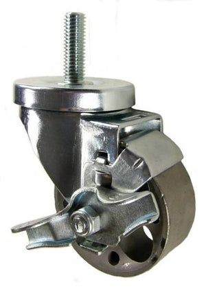 3" x 1-1/4" Semi-Steel Wheel Swivel Caster with 1/2" Threaded Stem & Brake - 350 Lbs Capacity