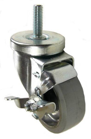 3-1/2 x 1-1/4 Rubber on Aluminum Wheel Swivel Caster with 1/2" Threaded Stem & Brake - 225 Lbs Capacity