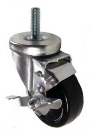 3-1/2" x 1-1/4" Hard Rubber Wheel Swivel Caster with 1/2" Threaded Stem & Brake - 300 Lbs Capacity