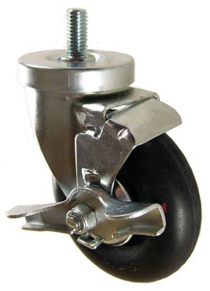4" x 1-1/4" Neoprene Wheel Swivel Caster with 1/2" Threaded Stem & Brake (1" Stem Length) - 200 Lbs Capacity