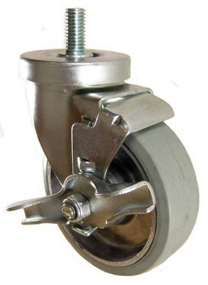 4" x 1-1/4" Rubber on Aluminum Wheel Swivel Caster with 1/2" Threaded Stem & Brake (1" Stem Length) - 300 Lbs Capacity