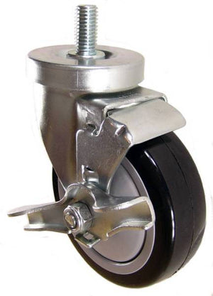 4" x 1-1/4" Polyurethane Wheel Swivel Caster with 1/2" Threaded Stem & Brake (1" Stem Length)- 350 Lbs Capacity