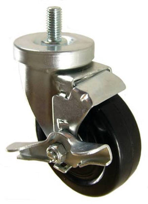 4" x 1-1/4" Soft Rubber Wheel (ball bearings) Swivel Caster with 1/2" Threaded Stem & Brake (1" Stem Length) - 350 Lbs Capacity