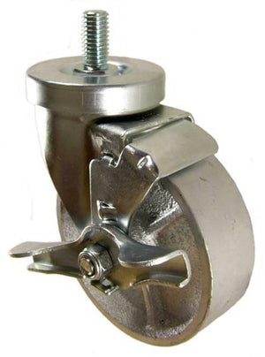 4" x 1-1/4" Semi-Steel Wheel Swivel Caster with 1/2" Threaded Stem & Brake (1" Stem Length) - 350 Lbs Capacity