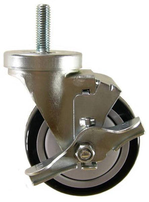 4" x 1-1/4" Polyurethane Wheel Swivel Caster with 1/2" Threaded Stem & Brake (1-1/2" Stem Length) - 350 Lbs Capacity