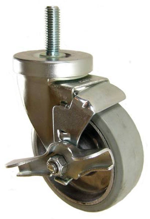 4" x 1-1/4" Rubber on Aluminum Wheel Swivel Caster with 1/2" Threaded Stem & Brake (1-1/2" Stem Length) - 300 Lbs Capacity