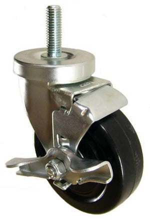 4" x 1-1/4" Hard Rubber Wheel (ball bearings) Swivel Caster with 1/2" Threaded Stem & Brake (1-1/2" Stem Length) - 300 Lbs Capacity