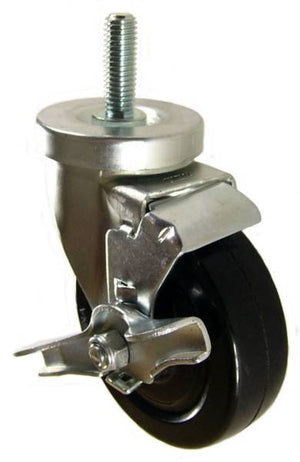 4" x 1-1/4" Hard Rubber Wheel Swivel Caster with 1/2" Threaded Stem & Brake (1-1/2" Stem Length) - 300 Lbs Capacity