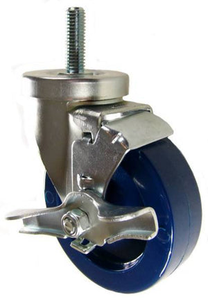 4" x 1-1/4" Solid Polyurethane Wheel Swivel Caster with 1/2" Threaded Stem & Brake (1"1/2" Stem Length) - 350 Lbs Capacity