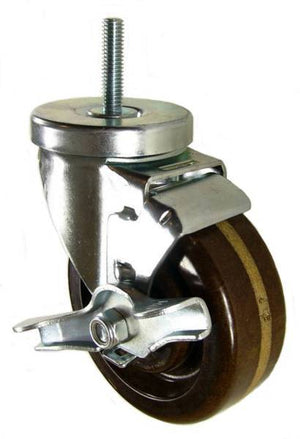4" x 1-1/4" High Temp Phenolic Wheel  Swivel Caster with 3/8" Threaded Stem & Brake - 350 Lbs Capacity