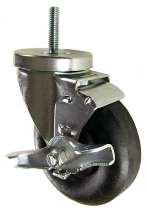 4" x 1-1/4" High Temp Round Tread Wheel Swivel Caster with 3/8" Threaded Stem & Brake - 350 Lbs Capacity