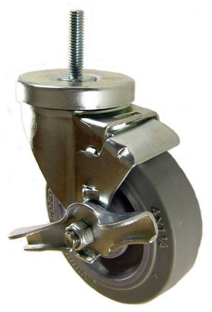 4" x 1-1/4" Thermoplastic Rubber (TPR) Wheel Swivel Caster with 3/8" Threaded Stem & Brake - 240Lbs Capacity