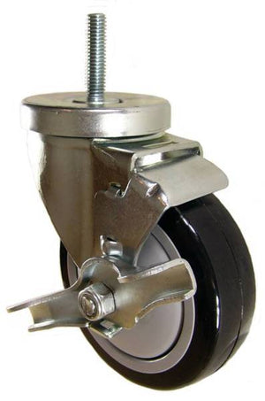 4" x 1-1/4" Polyurethane Wheel Swivel Caster with 3/8" Threaded Stem & Brake - 350 Lbs Capacity