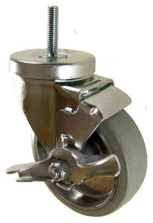 4" x 1-1/4" Rubber on Aluminum Wheel Swivel Caster with 3/8" Threaded Stem & Brake - 300 Lbs Capacity