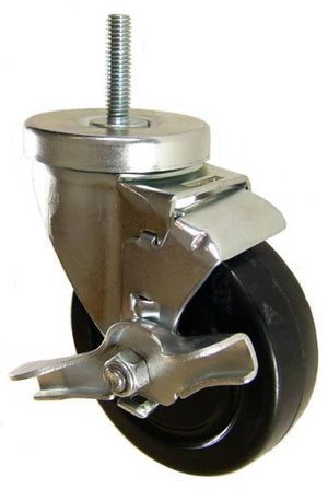 4" x 1-1/4" Hard Rubber Wheel (ball bearings) Swivel Caster with 3/8" Threaded Stem & Brake  - 300 Lbs Capacity
