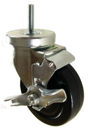 4" x 1-1/4" Soft Rubber Wheel Swivel Caster with 3/8" Threaded Stem & Brake - 350 Lbs Capacity