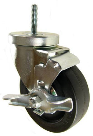 4" x 1-1/4" Extreme Duty Hard Rubber Wheel Swivel Caster with 3/8" Threaded Stem & Brake  - 300 Lbs Capacity