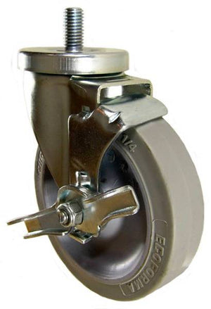 5" x 1-1/4" Thermoplastic Rubber Wheel (ball bearings) Swivel Caster with 1/2" Threaded Stem & Brake - 250 Lbs Capacity