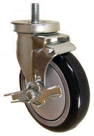 5" x 1-1/4" Polyurethane Wheel Swivel Caster with 1/2" Threaded Stem & Brake (1" Stem Length) - 350 Lbs Capacity