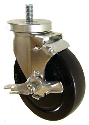 5" x 1-1/4" Soft Rubber Wheel (ball bearings) Swivel Caster with 1/2" Threaded Stem & Brake - 350 Lbs Capacity