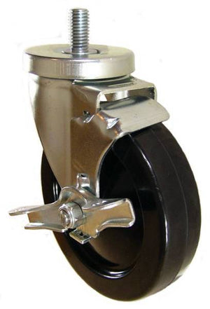 5" x 1-1/4" Hard Rubber Wheel Swivel Caster with 1/2" Threaded Stem & Brake (1" Stem Length) - 300 Lbs Capacity