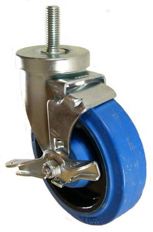 5" x 1-1/4" Elastic Rubber Wheel Swivel Caster with 1/2" Threaded Stem & Brake (1-1/2" Stem Length) - 350 Lbs Capacity
