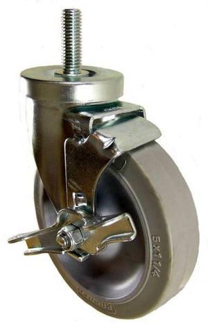 5" x 1-1/4" Thermoplastic Rubber Wheel (ball bearings) Swivel Caster with 1/2" Threaded Stem & Brake - 250 Lbs Capacity