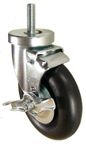 5" x 1-1/4" Neoprene Rubber Wheel Swivel Caster with 1/2" Threaded Stem & Brake (1-1/2" Stem Length) - 350 Lbs Capacity