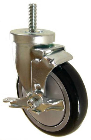5" x 1-1/4" Polyurethane Wheel Swivel Caster with 1/2" Threaded Stem & Brake (1-1/2" Stem Length) - 350 Lbs Capacity