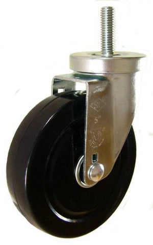5" x 1-1/4" Soft Rubber Wheel (ball bearings) Swivel Caster with 1/2" Threaded Stem - 350 Lbs Capacity